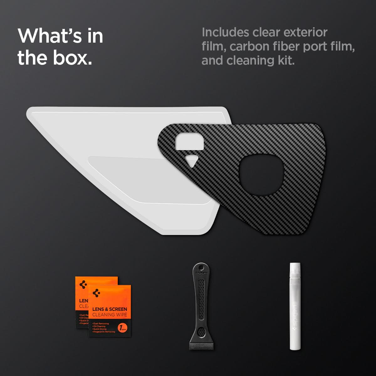 AFL07153 - Tesla Model Y & 3 Charging Port Protective Film in Transparency showing the what's in the box. Includes clear exterior film, carbon fiber port film, and cleaning kit.
