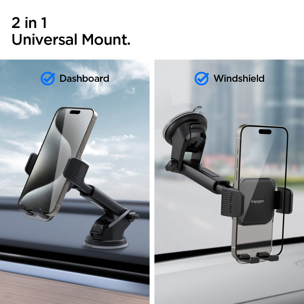 ACP08312 - Universal Dashboard Car Mount | TS35-1 showing car mount with phone secured in vertical position on dashboard with suction cup base and textured grip pad in car interior