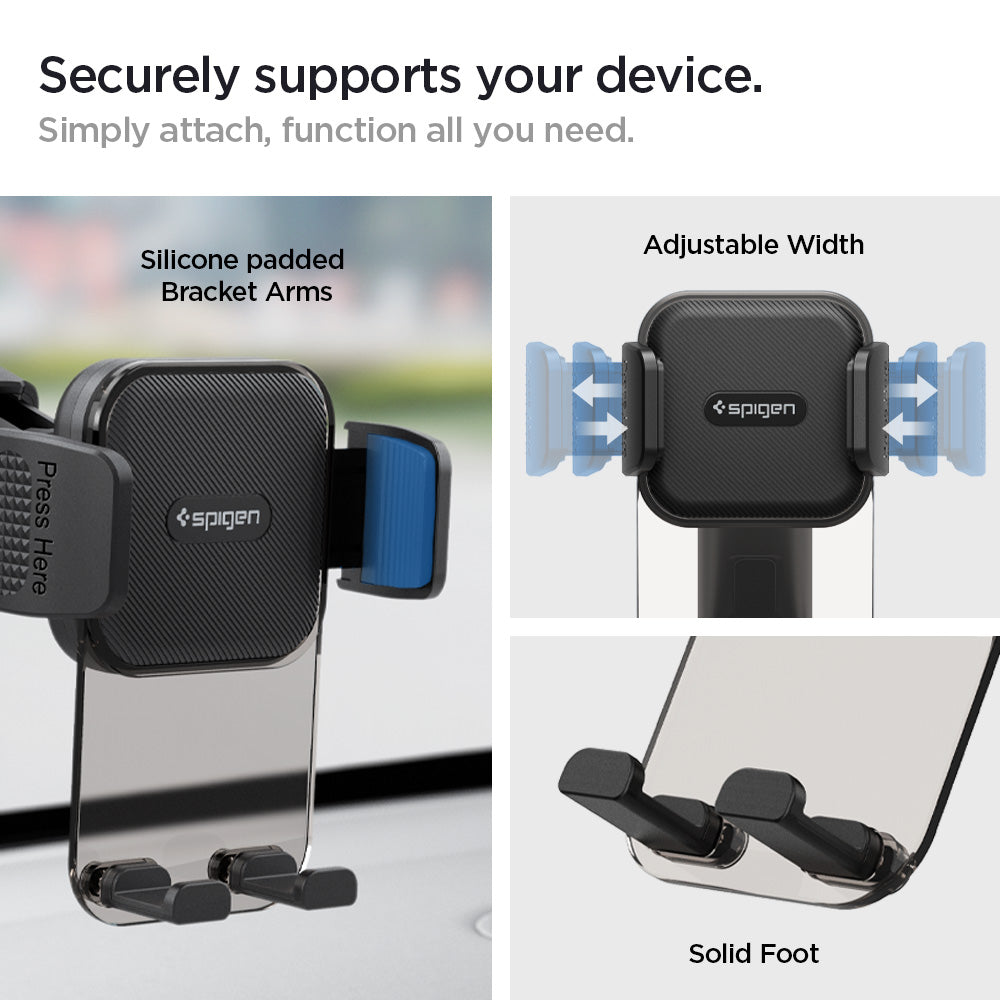 ACP08312 - Universal Dashboard Car Mount | TS35-1 showing angled front render of car mount with phone inserted displaying Press Here button textured grip pad suction cup base and adjustable arm