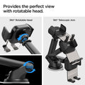 ACP08312 - Universal Dashboard Car Mount | TS35-1 showing side profile render of car mount without phone featuring fully extended telescopic arm Press Here release button and suction cup base