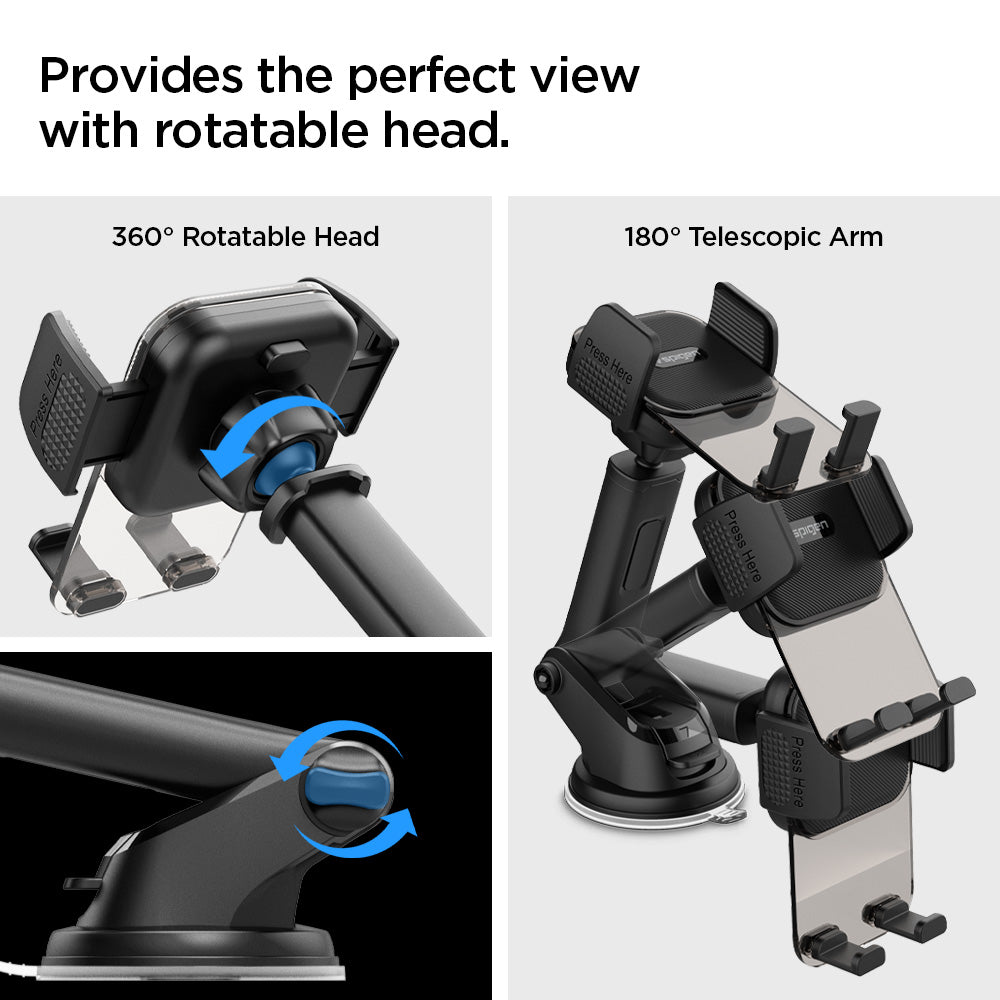 ACP08312 - Universal Dashboard Car Mount | TS35-1 showing side profile render of car mount without phone featuring fully extended telescopic arm Press Here release button and suction cup base