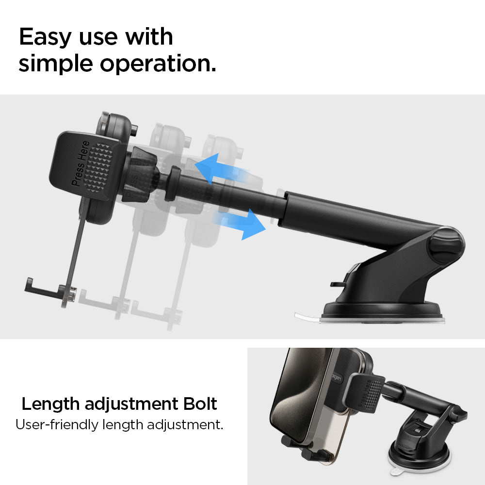 ACP08312 - Universal Dashboard Car Mount | TS35-1 showing front close-up render of car mount head with textured diagonal grip pad Spigen logo silicone padded bracket arms and bottom foot supports