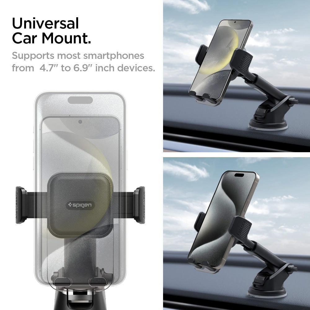 ACP08312 - Universal Dashboard Car Mount | TS35-1 showing angled rear close-up render of car mount head with Press Here button ball joint connector and telescopic arm attachment