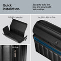ACP08855 - Trunk Organizer TSO100 in Black showing the quick installation, zip up to build the box and secure with Velcro strips, unfold the organizer, zip it up use velcro strips to close