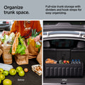 ACP08855 - Trunk Organizer TSO100 in Black showing the how it organize trunk space, full-size trunk storage with dividers and hook straps for easy organizing