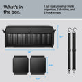 ACP08855 - Trunk Organizer TSO100 in Black showing the what's in the box, 1 full size universal trunk organizer, 2 dividers, and 2 hook straps, full size of the storage 28