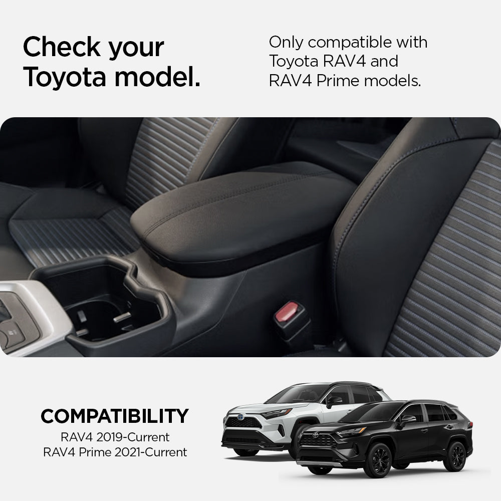 ACP08895 - Toyota Armrest Console Organizer TYO220 in Black showing the compatibility. Only compatible with current Toyota RAV4 2019 and RAV4 Prime 2021 models 