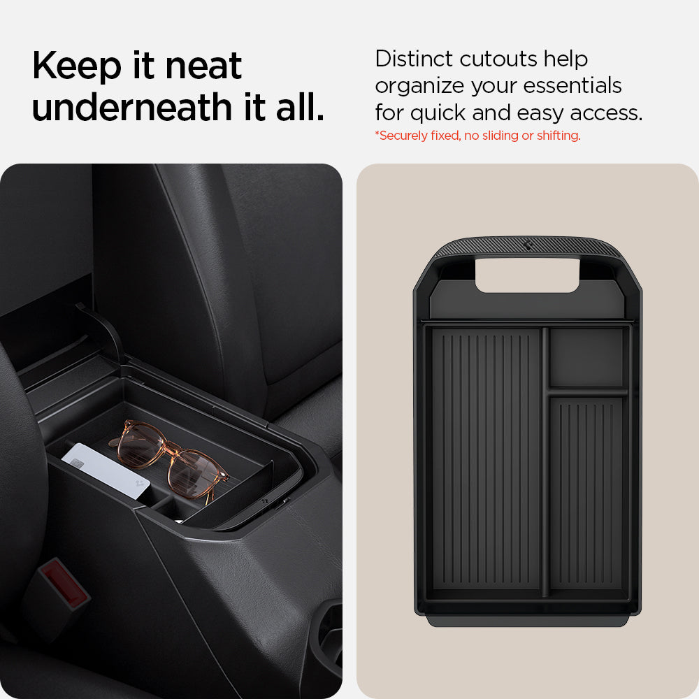 ACP08895 - Toyota Armrest Console Organizer TYO220 in Black showing how keeping it neat underneath it all. Distinct cutouts help organize your essentials for quick and easy access