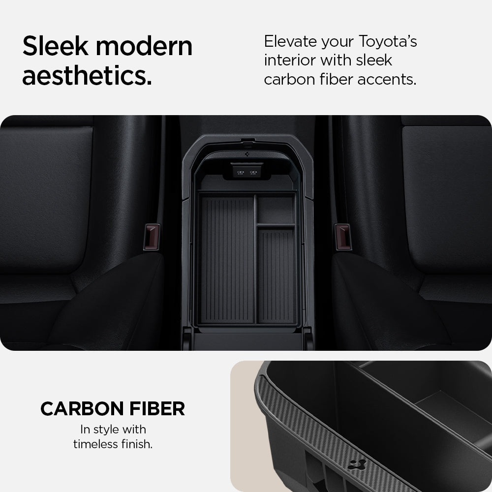 ACP08895 - Toyota Armrest Console Organizer TYO220 in Black showing the sleek modern aesthetics. Elevate your Toyota's interior with sleek carbon fiber accents. In tyle with timeless finish