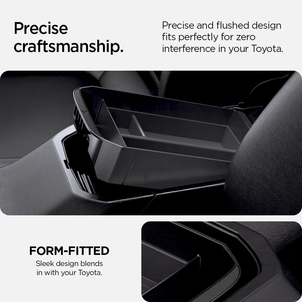 ACP08895 - Toyota Armrest Console Organizer TYO220 in Black showing the precise craftsmanship. Precise and flushed design fits perfectly for zero interference in your Toyota. Form-Fitted, sleek design blend in with your Toyota