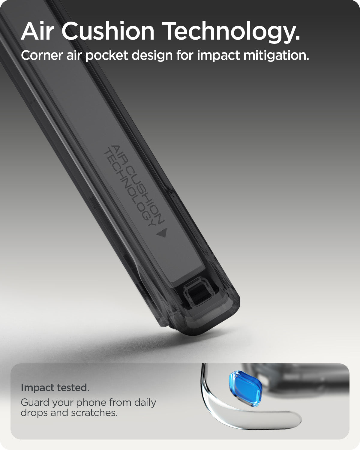 ACS11278 - Pixel 10a Ultra Hybrid Metal Ring (Mag Fit) in Frost Black showing air cushion technology. corner air pocket design for impact mitigation