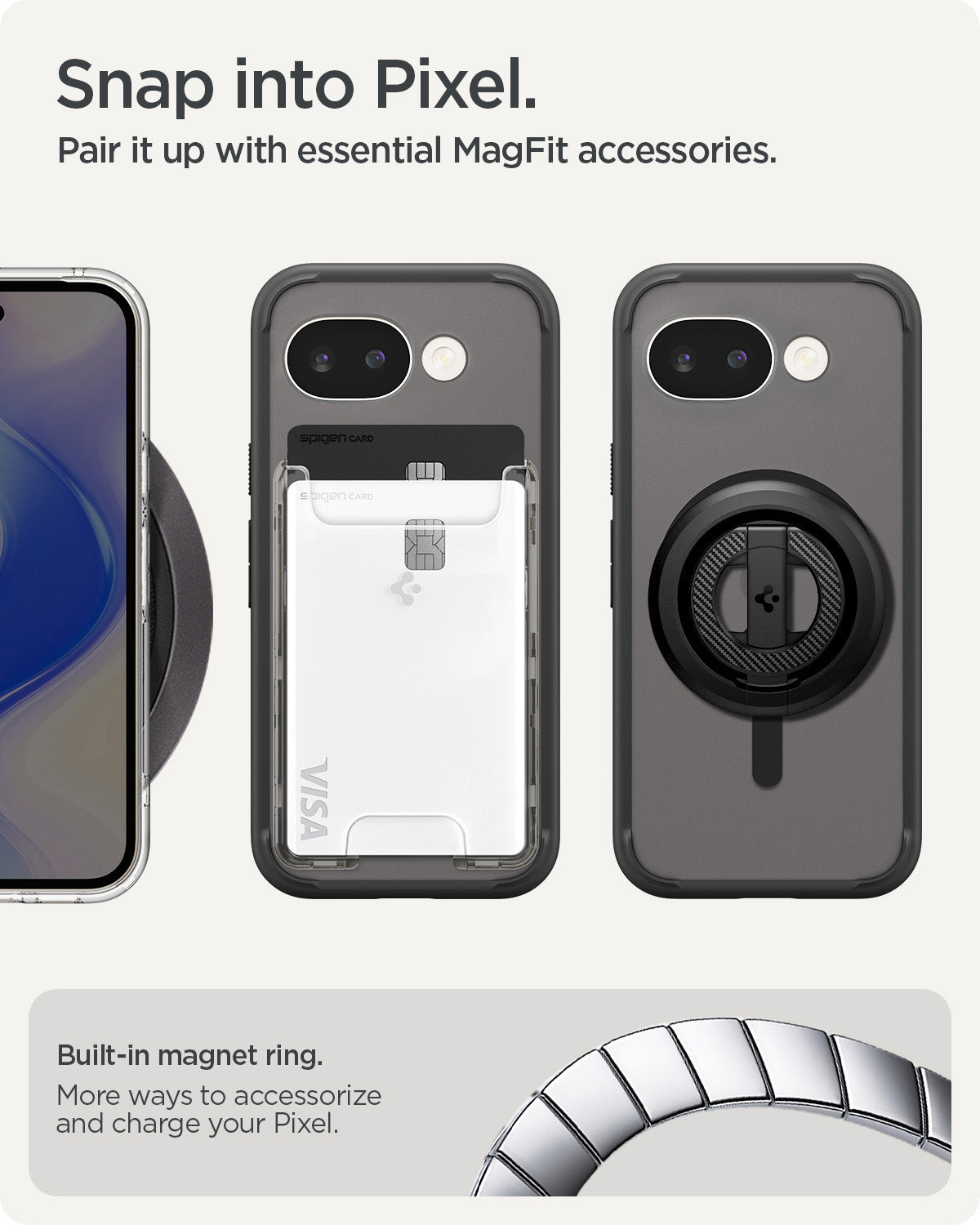 ACS11278 - Pixel 10a Ultra Hybrid Metal Ring (Mag Fit) in Frost Black showing snap into pixel. pair it up with essential magfit accessories