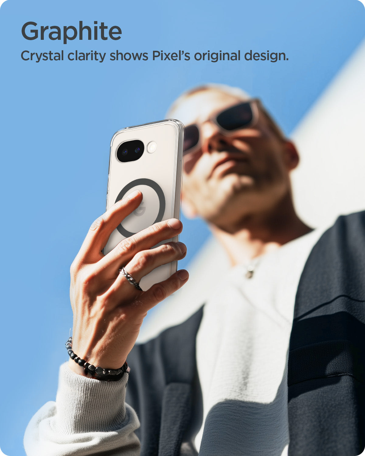 ACS11277 - Pixel 10a Ultra Hybrid Metal Ring (Mag Fit) in Clear Graphite showing crystal clarity shows pixel's original design