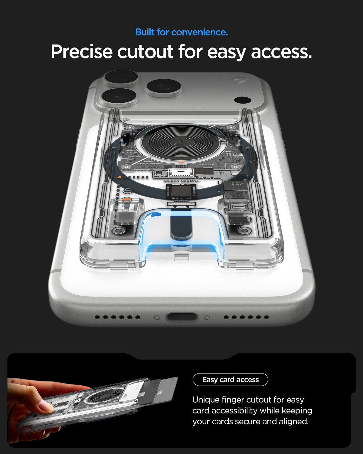 AFA11403 - MagSafe Card Holder Ultra Hybrid Neo One (Mag Fit) showing finger cutout design for easy card access on NeoOne MagFit wallet card holder