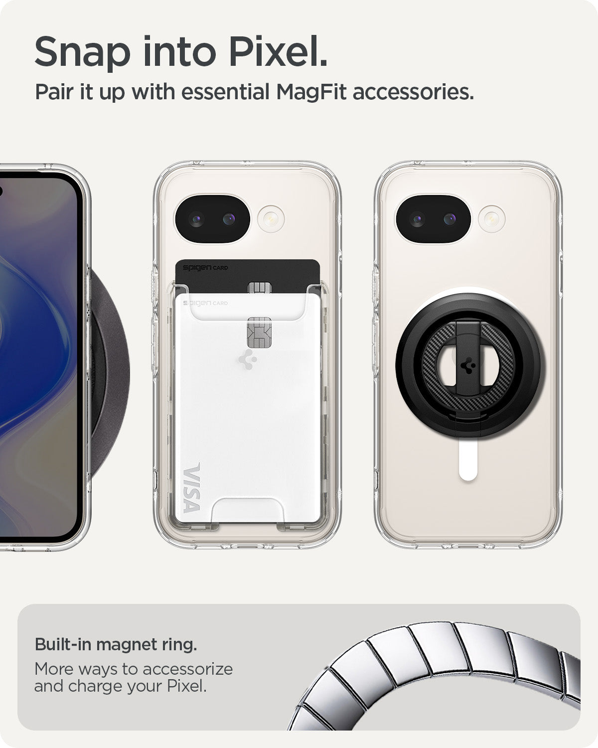 ACS11276 - Pixel 10a Ultra Hybrid Metal Ring (Mag Fit) in Clear White showing snap into pixel. pair it up with essential magfit accessories