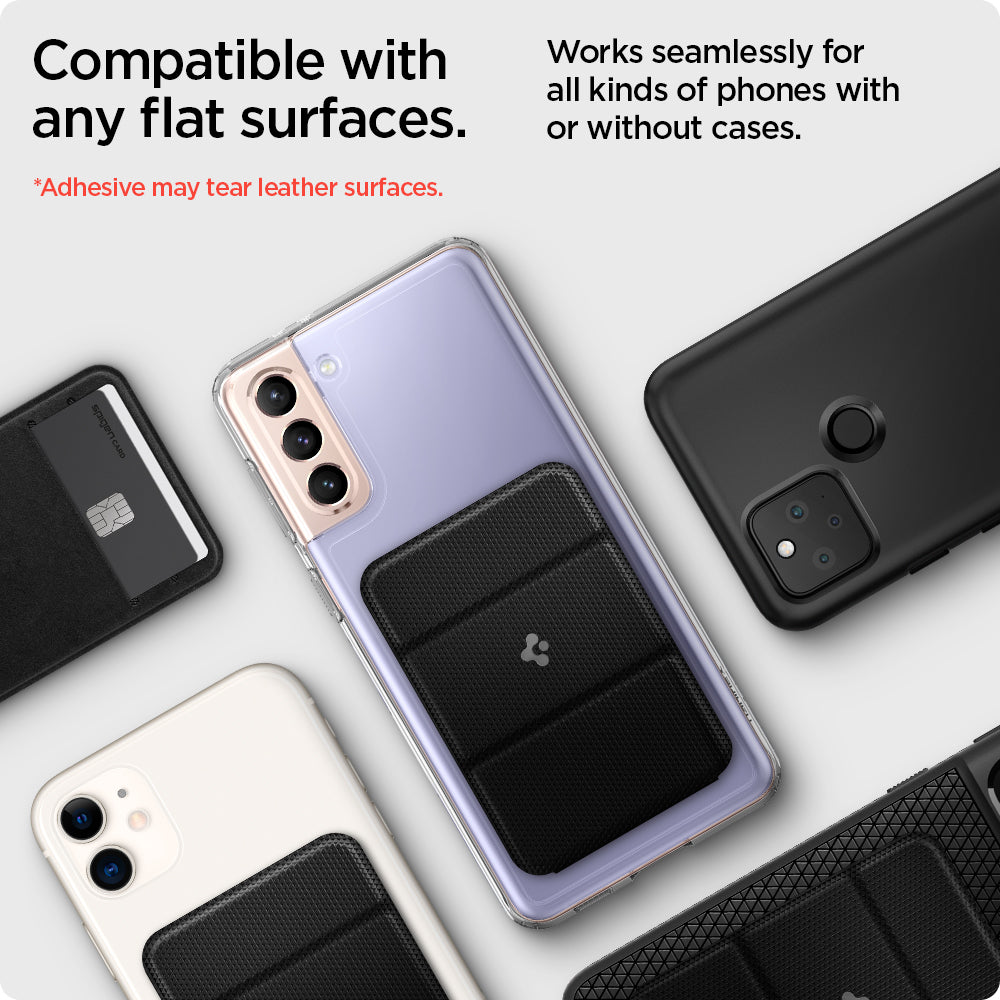 AMP02834 - Universal Card Holder Smart Fold in black showing the compatibility with any flat surfaces, works seamlessly for all kinds of phones with or without cases