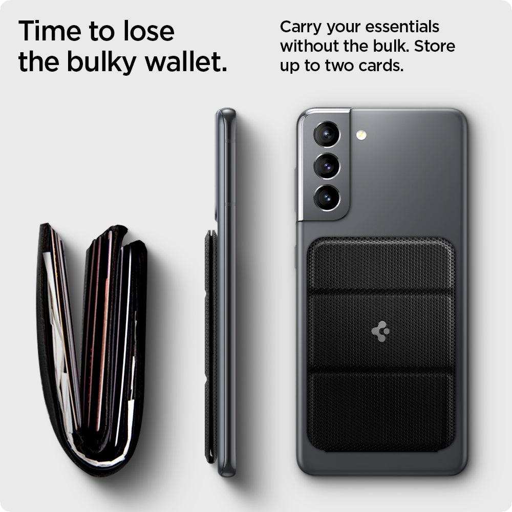 AMP02834 - Universal Card Holder Smart Fold in black showing that it's time to lose the bulky wallet, carry your essentials without the bulk, store up to two cards