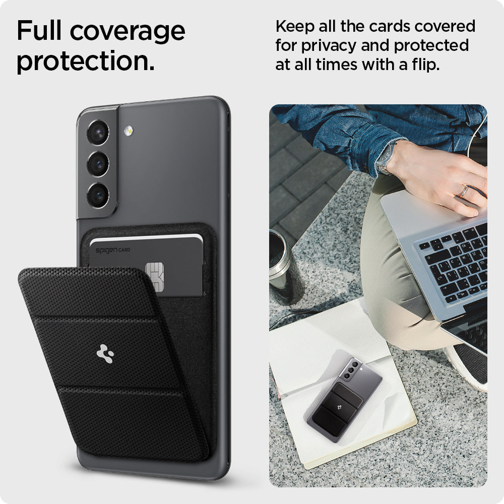 AMP02834 - Universal Card Holder Smart Fold in black showing the full coverage protection, keep all the cards covered for privacy and protected at all times with a flip