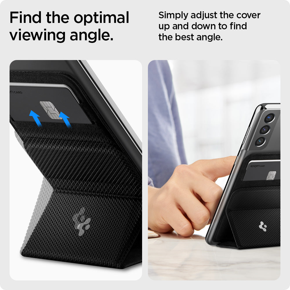 AMP02834 - Universal Card Holder Smart Fold in black showing on finding the optimal viewing angle, simply adjust the cover up and down to find the best angle