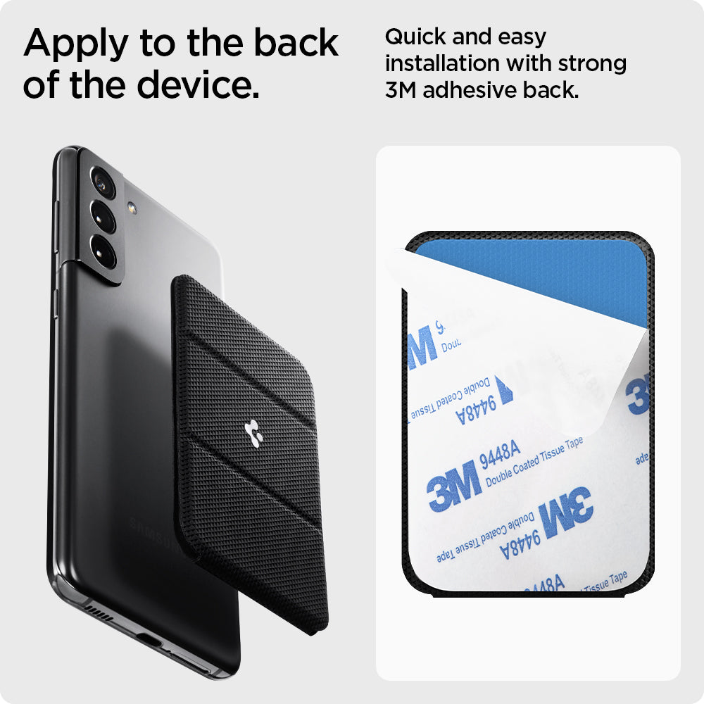 AMP02834 - Universal Card Holder Smart Fold in black showing the application to the back of the device, quick and easy installation with strong 3M adhesive back