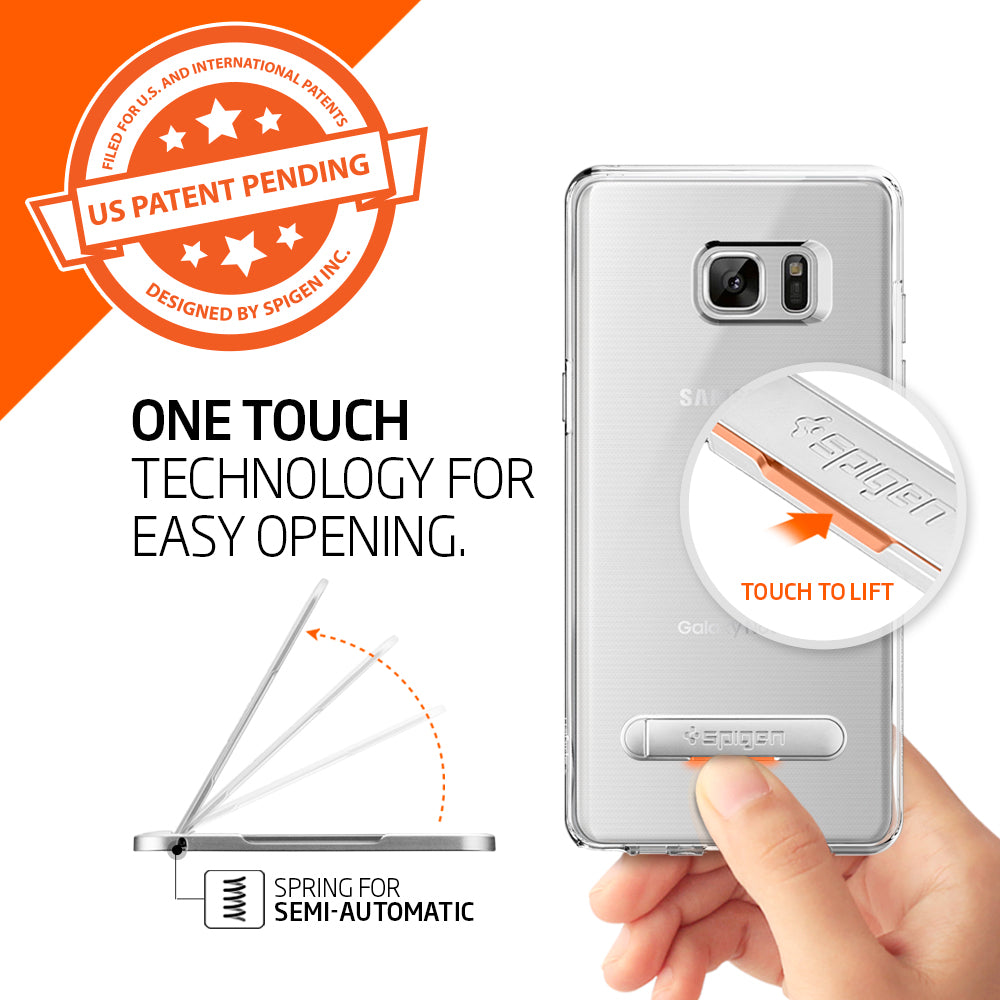 000EM21073 - U100 Universal Kickstand (Metal) in rose gold showing the One Touch Technology for easy opening. Touch to lift. Spring for semi-automatic