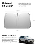 ACP11460 - Universal CryoShade UO260 M showing dimension diagram of sunshade measuring 140cm across top, 148cm across bottom, and 85cm tall with compact suv compatibility note