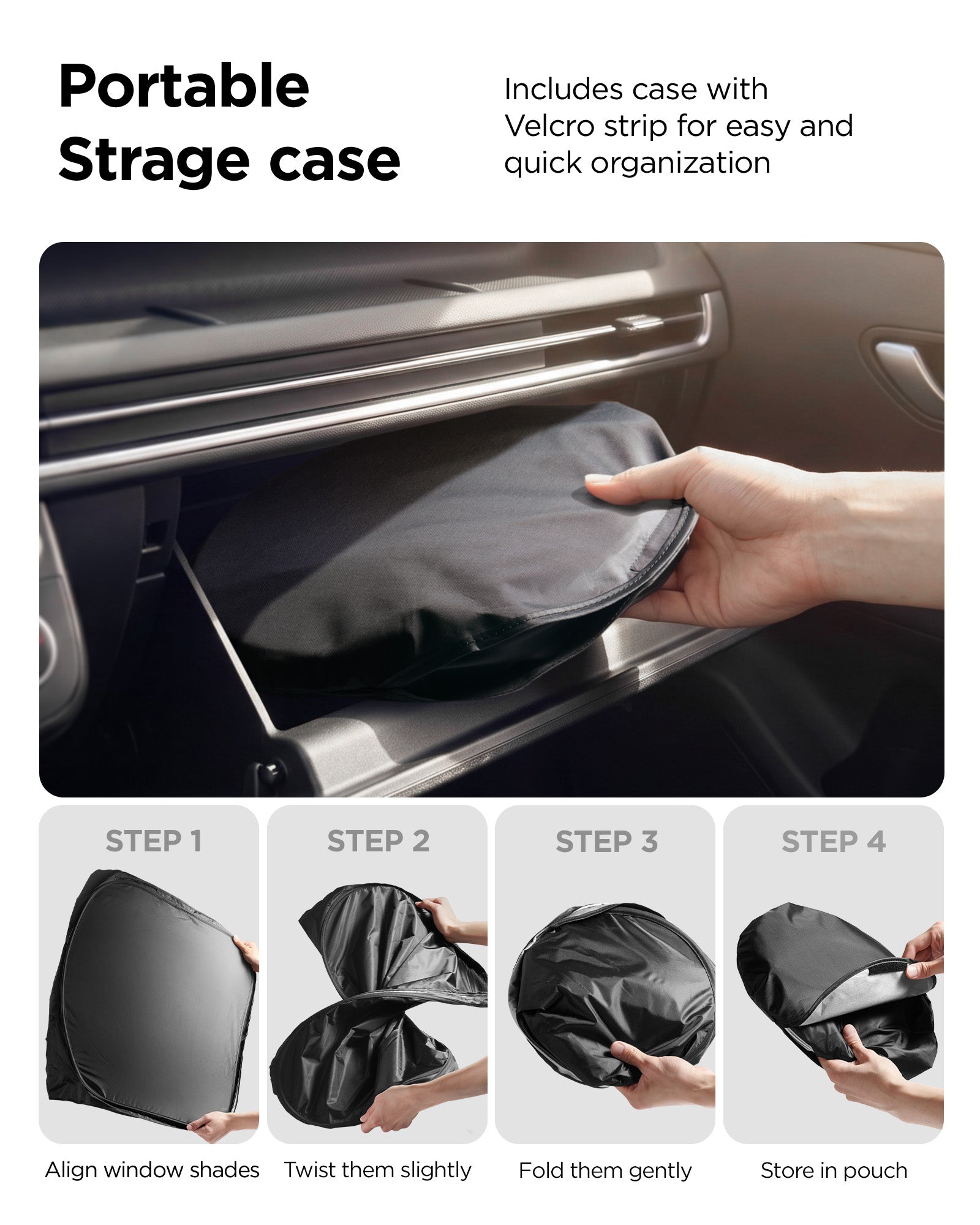 ACP11460 - Universal CryoShade UO260 M showing four-step folding and storage process with pouch being placed into car glove compartment