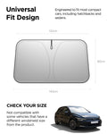 ACP11459 - Universal CryoShade UO260 S showing dimension diagram of sunshade measuring 132cm across top, 140cm across bottom, and 80cm tall with compact car compatibility note