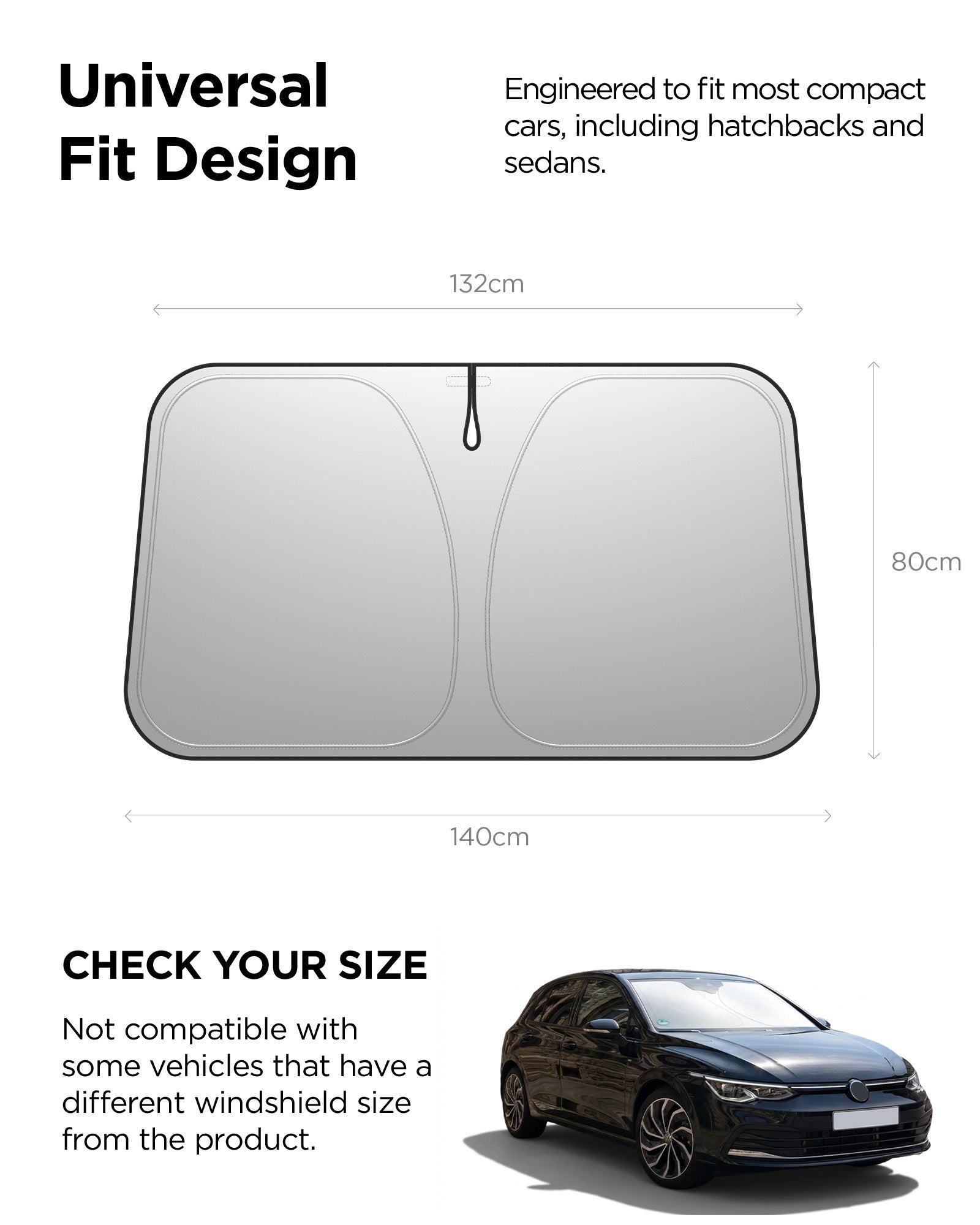 ACP11459 - Universal CryoShade UO260 S showing dimension diagram of sunshade measuring 132cm across top, 140cm across bottom, and 80cm tall with compact car compatibility note