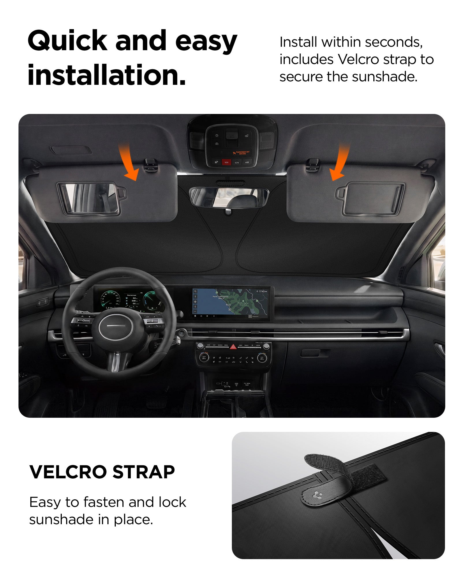 ACP11459 - Universal CryoShade UO260 S showing sunshade tucked behind sun visors inside car cabin with velcro strap detail and installation steps below