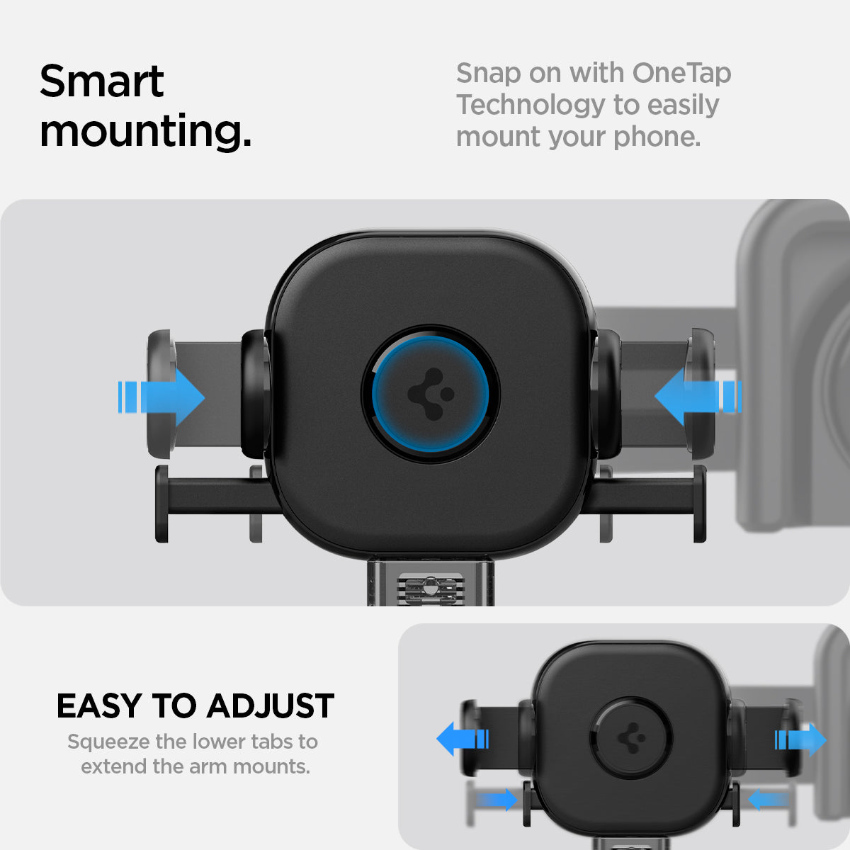 ACP07871 - Tesla Tap Lock Universal Mount ITLST90 in Black snap on with OneTap technology to easily mount your phone. Easy to adjust. Squeeze the lower tabs to extend the arm mounts. Smart mounting.