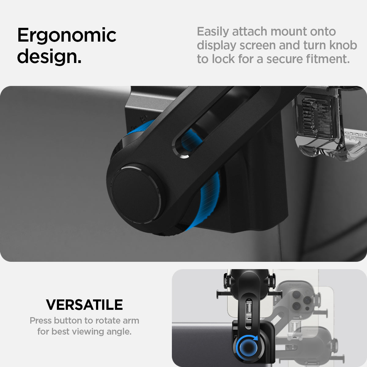 ACP07871 - Tesla Tap Lock Universal Mount ITLST90 in Black easily attach mount onto display screen and turn knob to lock for a secure fitment. Ergonomic design. Versatile press button to rotate arm for best viewing angle.