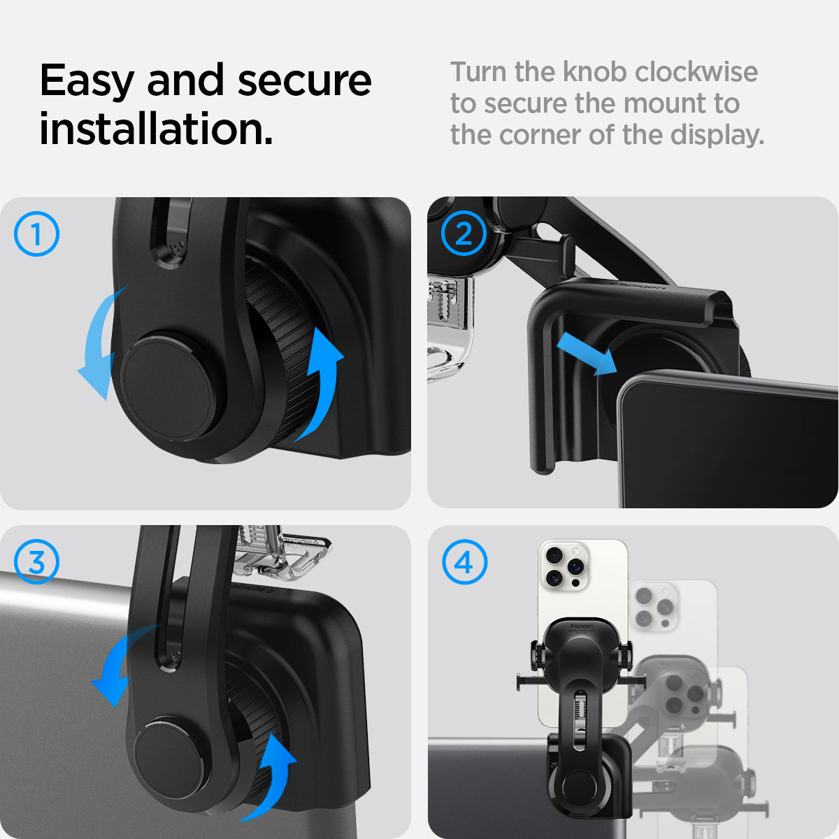 ACP07871 - Tesla Tap Lock Universal Mount ITLST90 in Black easy and secure installation. Turn the knob clockwise to secure the mount to the corner of the display.