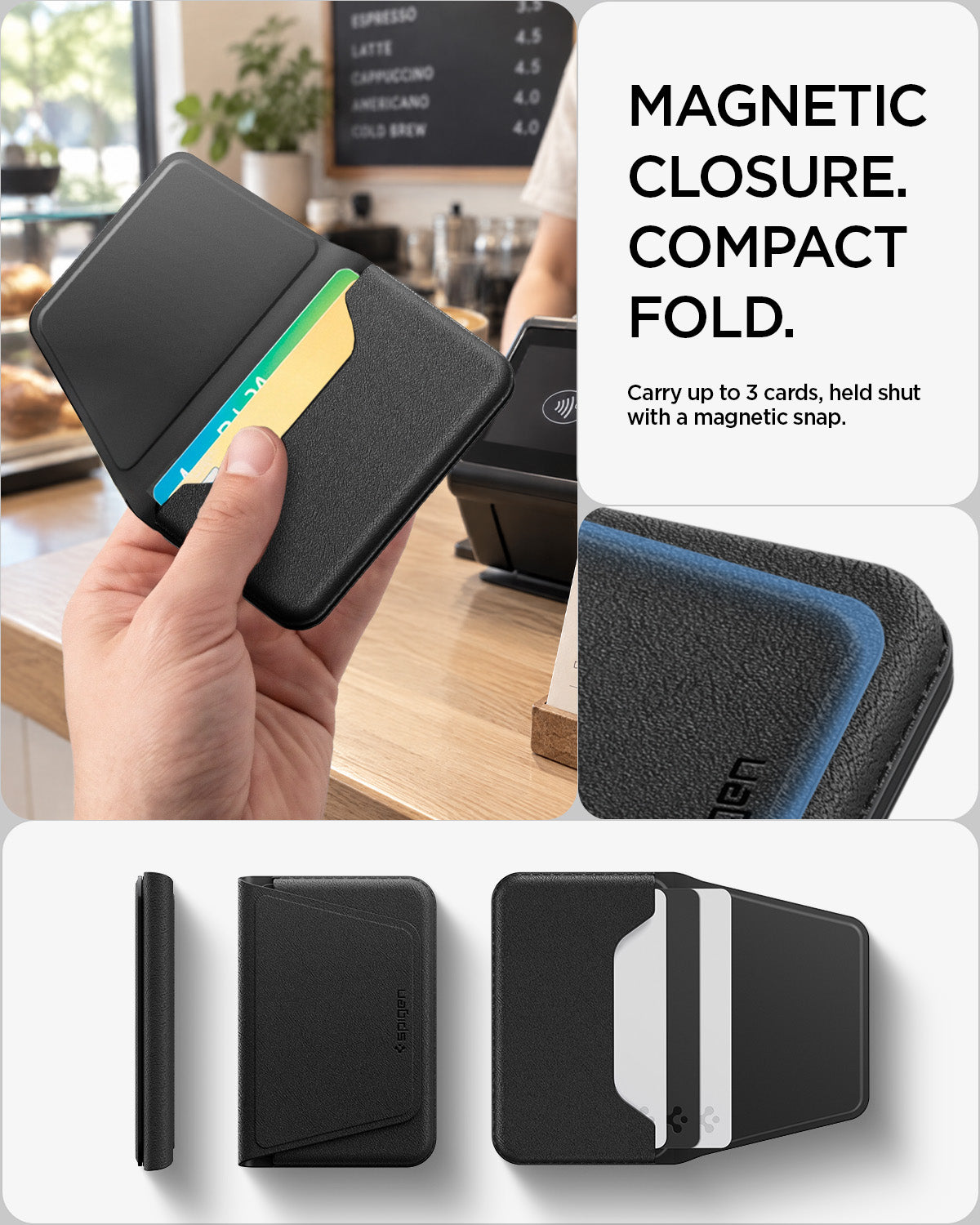 AFA11978 - MagSafe Card Holder Valentinus S-2 (Mag Fit) in Black showing the wallet holding cards with a magnetic closure, compact folded design, and internal structure.