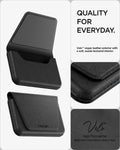 AFA11978 - MagSafe Card Holder Valentinus S-2 (Mag Fit) in Black showing the vegan leather wallet open and closed with close-up views of the exterior and interior textures.