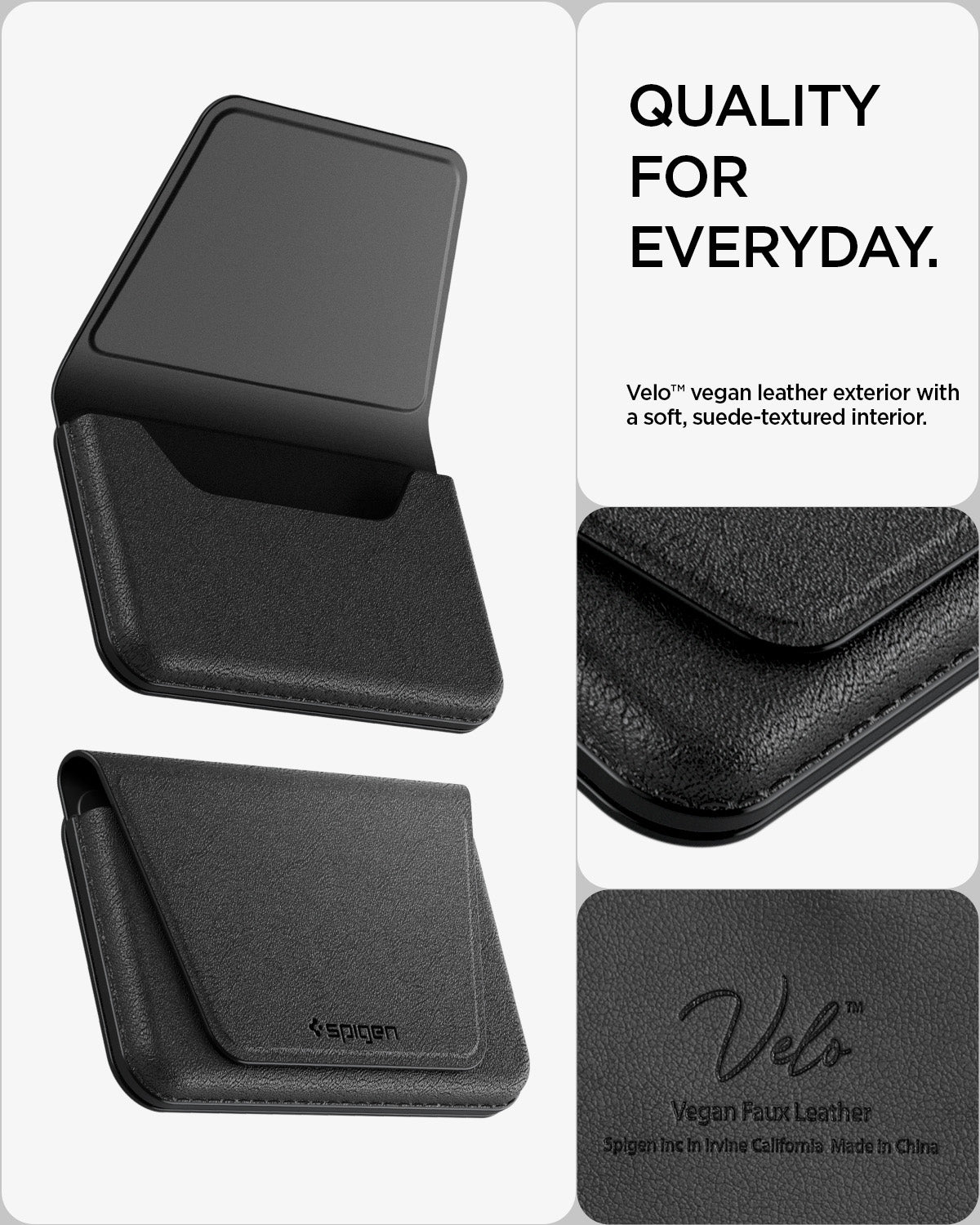 AFA11978 - MagSafe Card Holder Valentinus S-2 (Mag Fit) in Black showing the vegan leather wallet open and closed with close-up views of the exterior and interior textures.