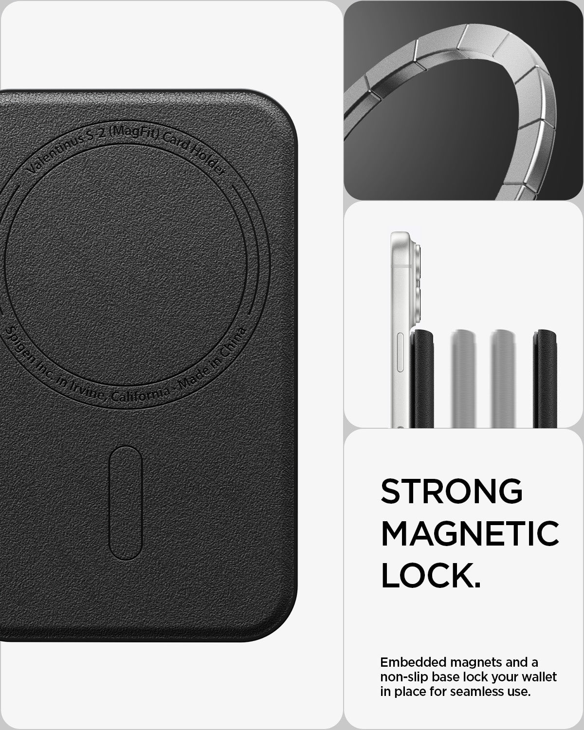 AFA11978 - MagSafe Card Holder Valentinus S-2 (Mag Fit) in Black showing the magnetic attachment area, embedded magnets, and non-slip base for secure attachment to a phone.