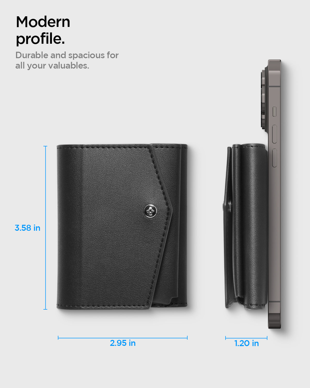 AFA09442 - MagSafe Card Holder Valentinus Pro | 3 Cards in Black showing the modern profile. Durable and spacious for all your valuables. 3.58in x 2.95in x 1.20 in