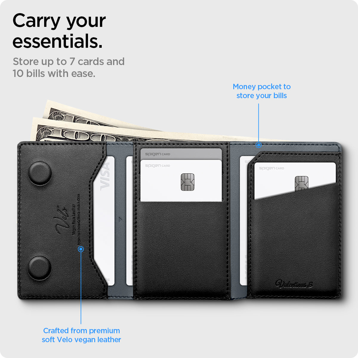 AFA09133 - MagSafe Card Holder Valentinus S (MagFit) in Black showing the storage capacity. You can carry your essentials cause it can store up to 7 cards and 10 bills with ease. Crafted from premium soft Velo Vegan leather