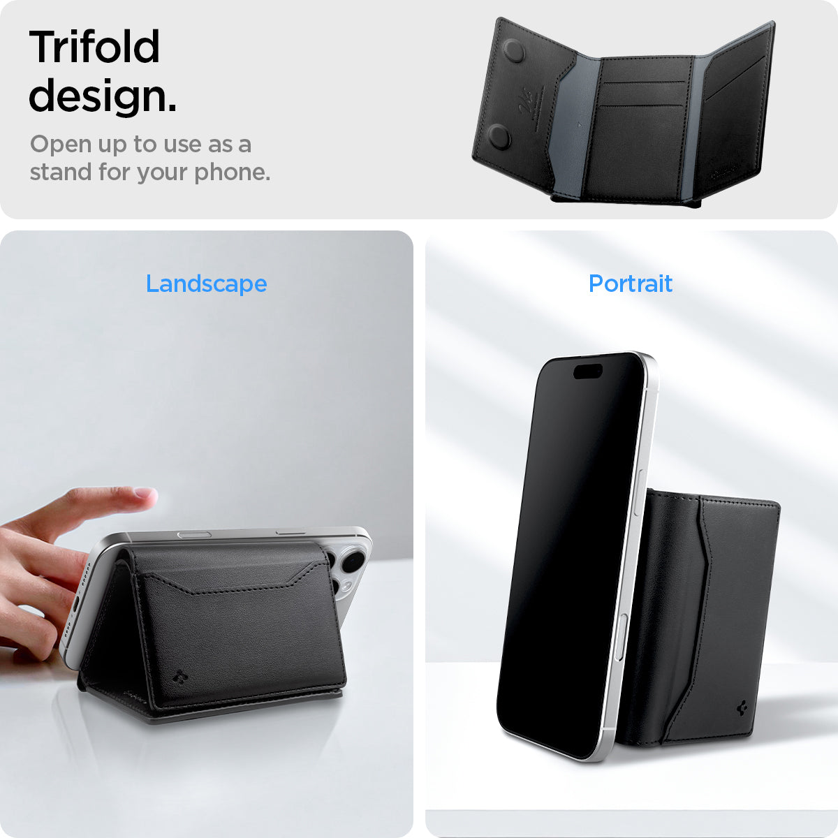 AFA09133 - MagSafe Card Holder Valentinus S (MagFit) in Black showing the trifold design. Open up to use as a stand for your phone. It could be in portrait or landscape