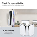 AMP06396 - Playstation 5 Console Mount | VG200 in white showing the compatibility. Compatible with PS5 Disc and Digital Edition. PlayStation 5. Mount it on either the right of left side 