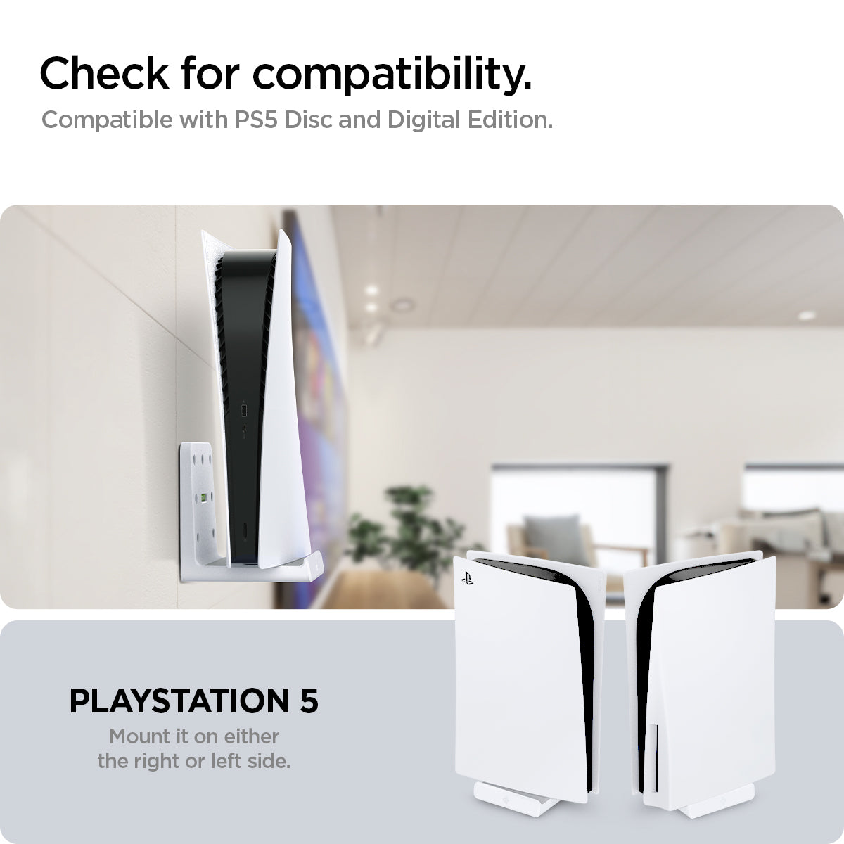 AMP06396 - Playstation 5 Console Mount | VG200 in white showing the compatibility. Compatible with PS5 Disc and Digital Edition. PlayStation 5. Mount it on either the right of left side 