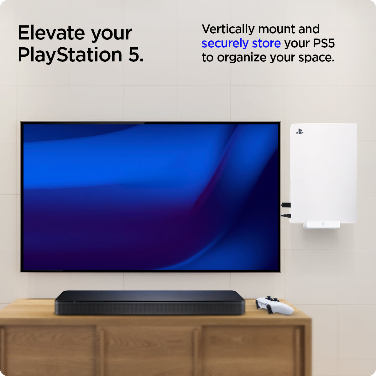 AMP06396 - Playstation 5 Console Mount | VG200 in white showing the elevation of your PlayStation 5. Vertically mount and securely store your PS5 to organize your space