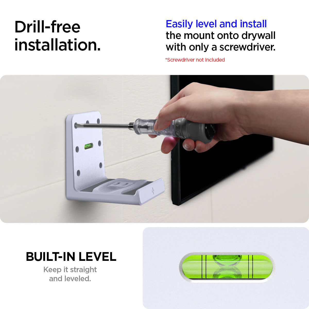 AMP06396 - Playstation 5 Console Mount | VG200 in white showing the drill-free installation. Easily level and install the mount onto drywall with only a screwdriver with built-in level. Keep it straight and leveled