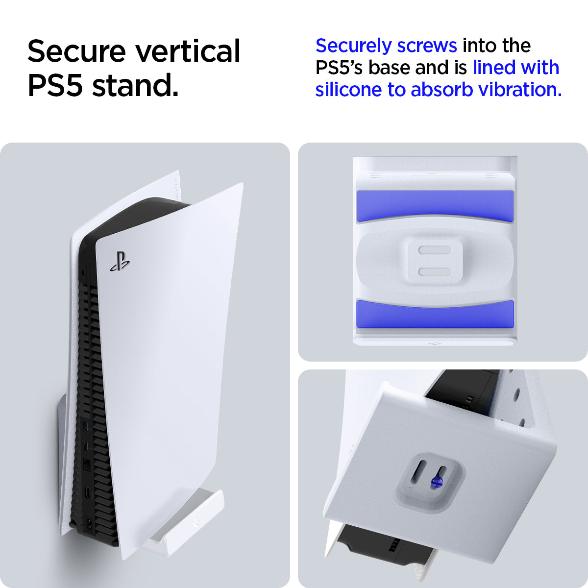 AMP06396 - Playstation 5 Console Mount | VG200 in white showing the secure vertical PS5 stand. Securely screws into the PS5's base and is lined with silicone to absorb vibration