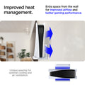AMP06396 - Playstation 5 Console Mount | VG200 in white showing the improved heat management. Extra space from the wall for improved airflow and better gaming performance. Unique spacing for optimal cooling and air ventilation