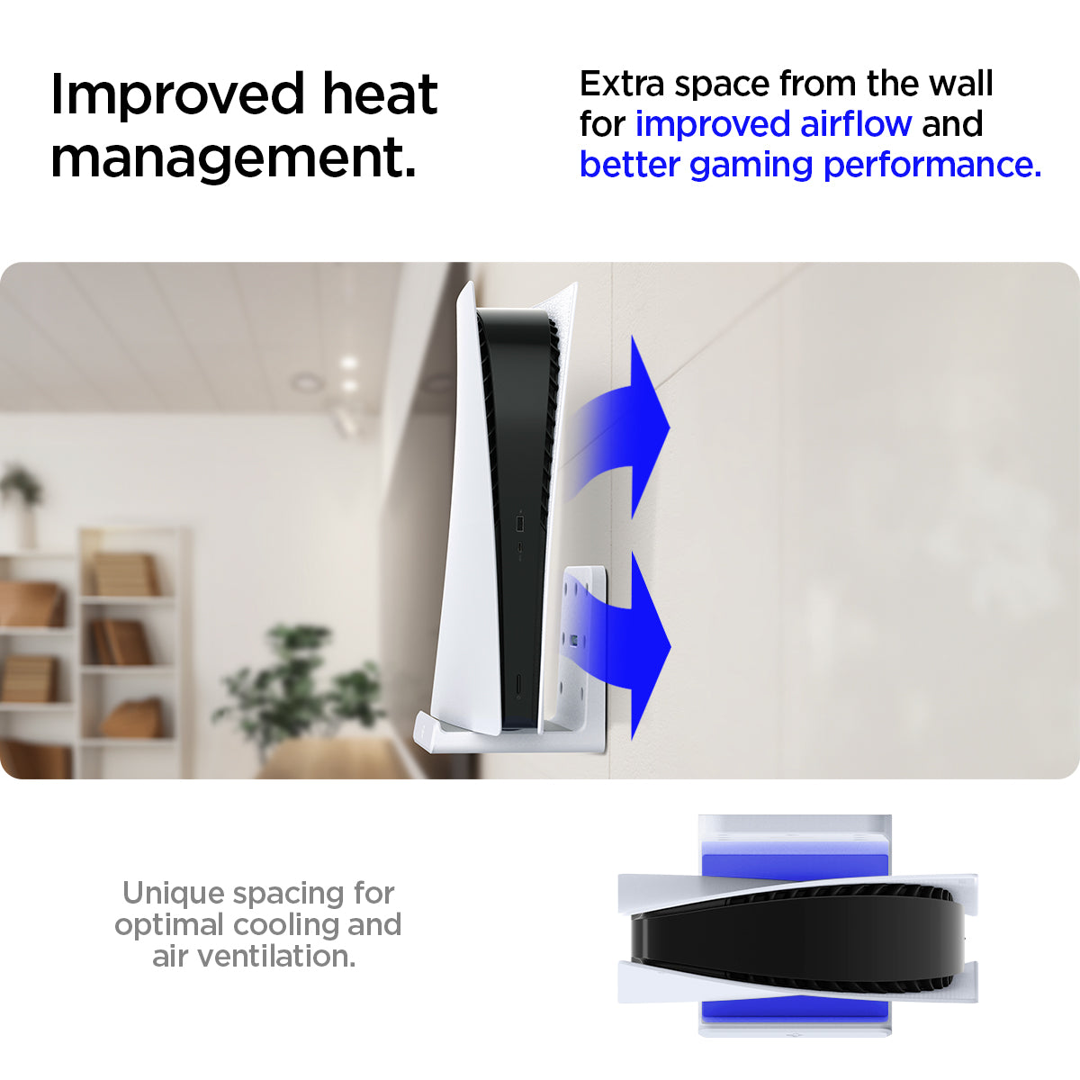 AMP06396 - Playstation 5 Console Mount | VG200 in white showing the improved heat management. Extra space from the wall for improved airflow and better gaming performance. Unique spacing for optimal cooling and air ventilation