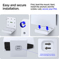 AMP06396 - Playstation 5 Console Mount | VG200 in white showing the easy and secure installation. First, level the mount. Next, install the anchors and the screws. Last, secure your PS5. If pS5 is facing left: Use cutout A. I PS5 is facing right: Use cutout B