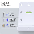 AMP06396 - Playstation 5 Console Mount | VG200 in white showing the what's included in the box. 1 lock screw 7 M4 x 30 screws and 7 screw anchors 