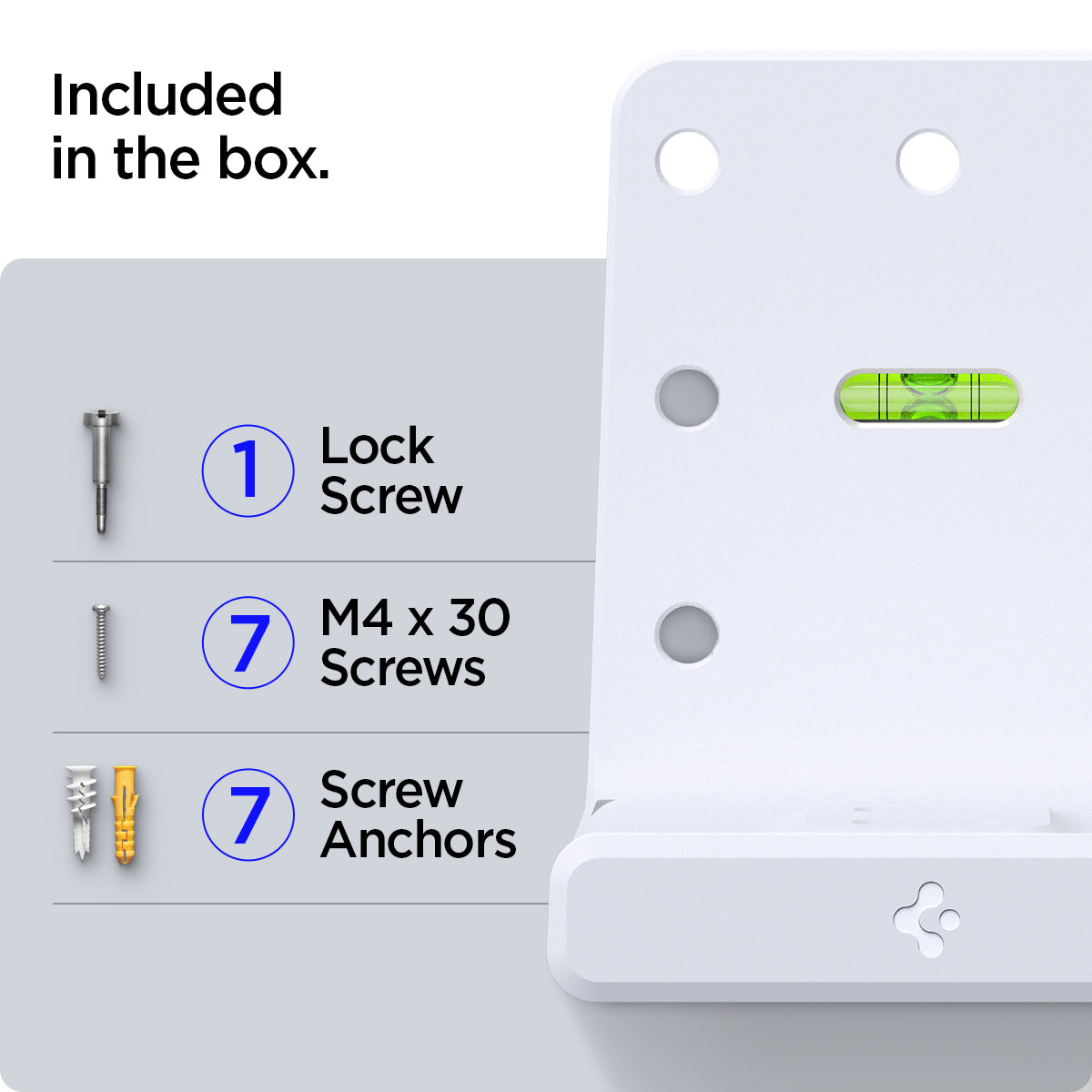 AMP06396 - Playstation 5 Console Mount | VG200 in white showing the what's included in the box. 1 lock screw 7 M4 x 30 screws and 7 screw anchors 